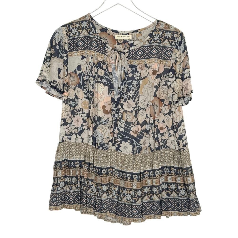 Spell & the Gypsy Amethyst Short Sleeve Blouse L Nightfall Boho Floral Flowy